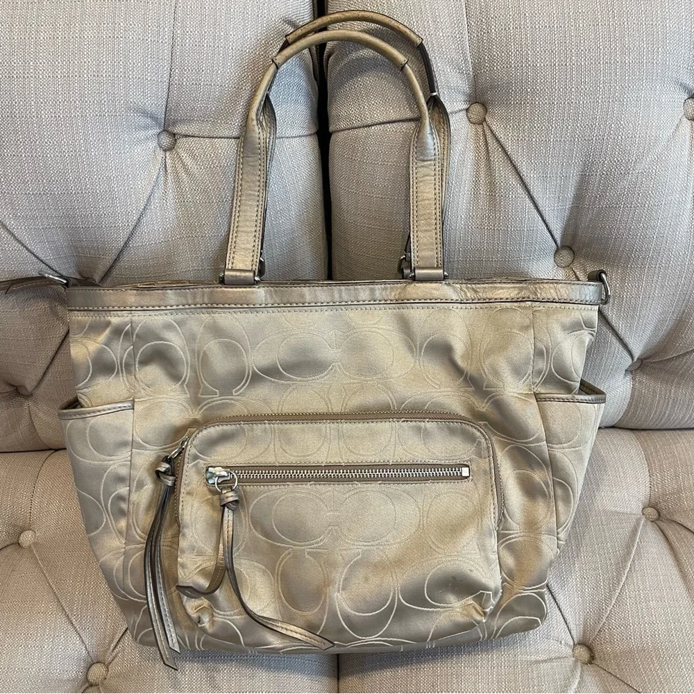 COACH Metallic Gold And Light khaki SIGNATURE Monogram TOTE Diaper Bag No strap